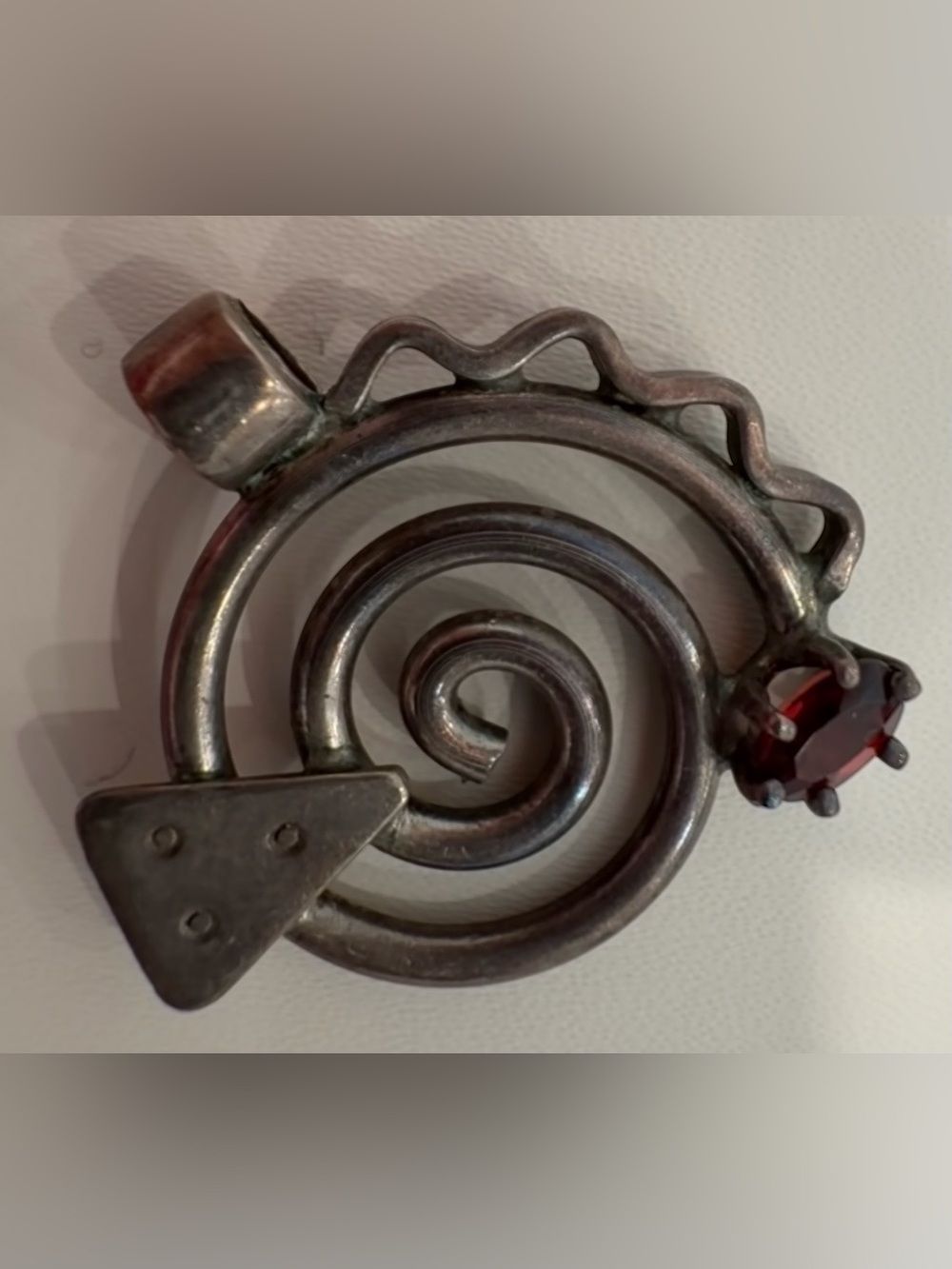 Vintage 90s Sterling Silver Spiral Vortex Red Garnet Geometric Pendant